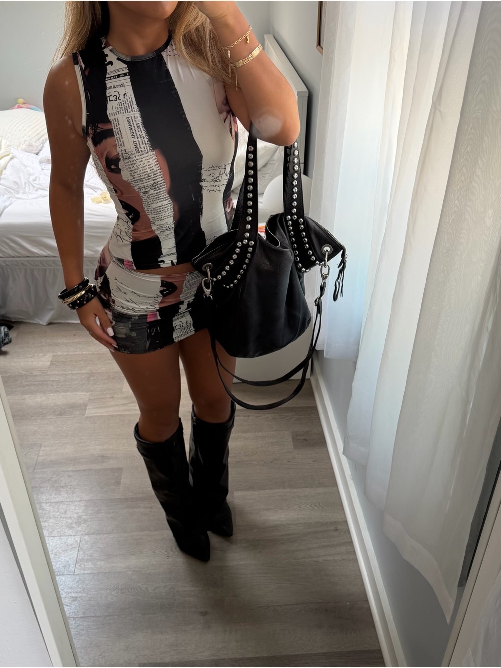PrettyLittleThing Black White Pink Graphic Print Bodycon Skirt Set